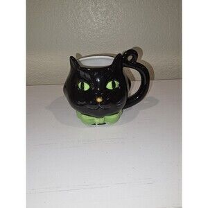 Blue Harbor Black Cat Green Eyes & Bow Tie Halloween Mug